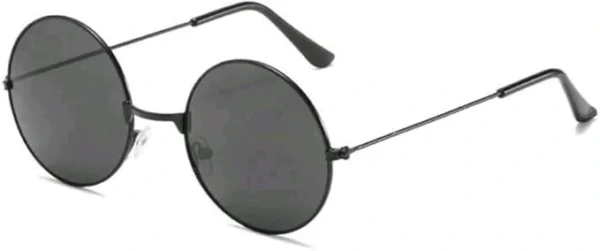 Black round sunglasses with a metal frame and dark lenses.