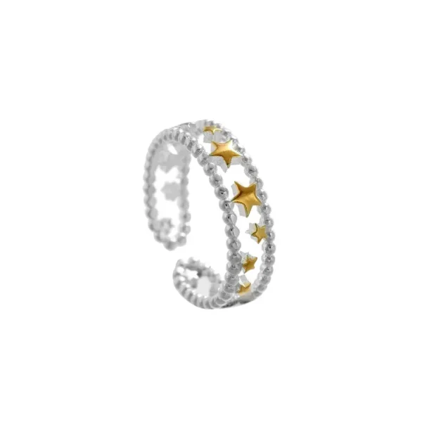 Sterling silver open ring with gold-plated stars arranged along a beaded band, Korean S925 Sterling Silver Star Ring