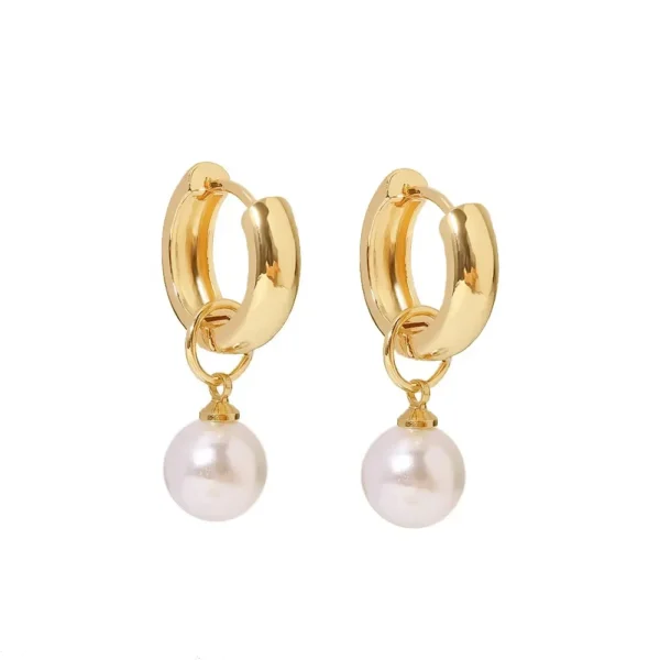 Pearl Pendant Brass Hoop Earrings For Ladies