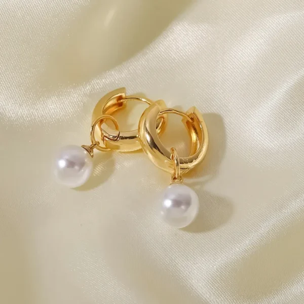 Pearl Pendant Brass Hoop Earrings For Ladies