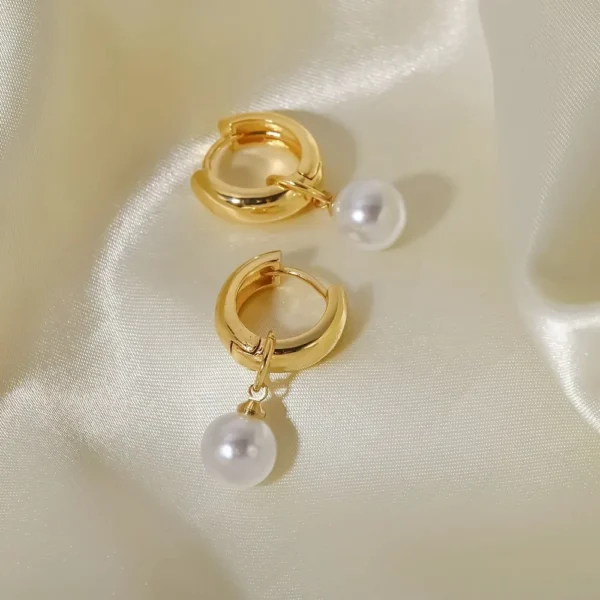 Pearl Pendant Brass Hoop Earrings For Ladies