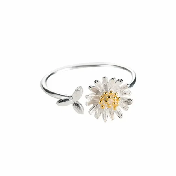 Adjustable silver daisy flower ring with gold center, perfect for women