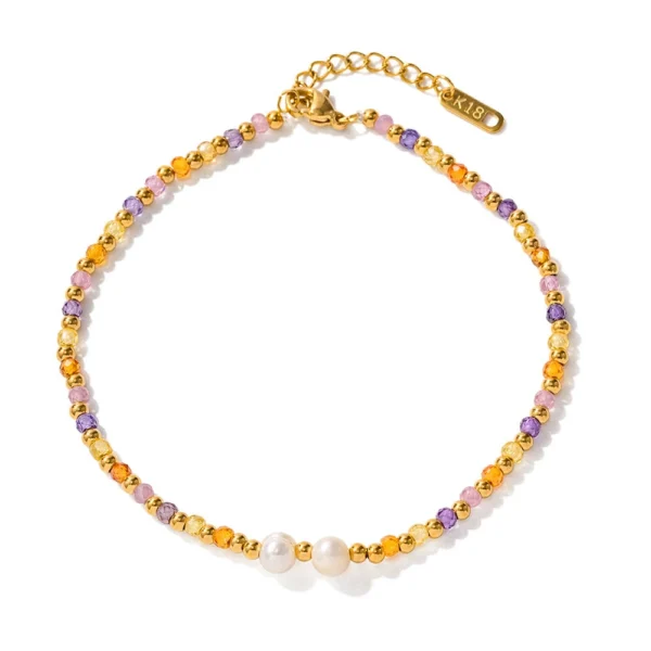 K18 Gold Plated and Stainless Steel Colorful Beaded Anklet with Pearl Accents