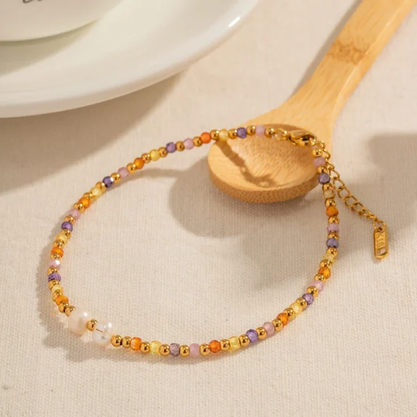 K18 Gold Plated and Stainless Steel Colorful Beaded Anklet with Pearl Accents