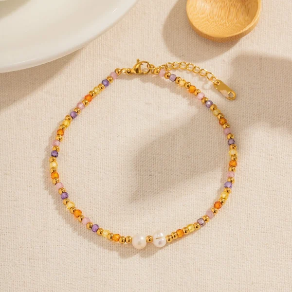 K18 Gold Plated and Stainless Steel Colorful Beaded Anklet with Pearl Accents