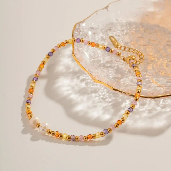 K18 Gold Plated and Stainless Steel Colorful Beaded Anklet with Pearl Accents