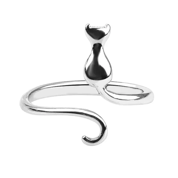 A silver ring featuring a cat sitting upright with its tail curled around the band, orean Cat Moon Ring